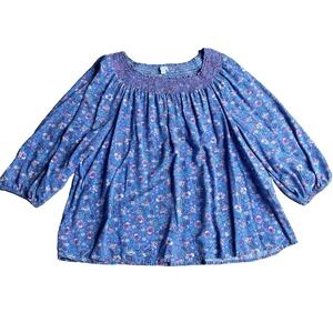 J Jill Ditzy Floral 3X Smocked Top Blue Balloon Sleeves Peasant Flowy Blouse‎